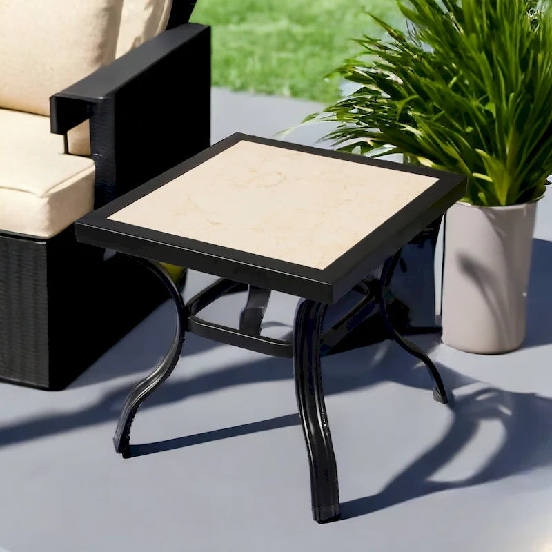 HomeRoots 21 Beige and Ivory Square Ceramic Outdoor Side Table