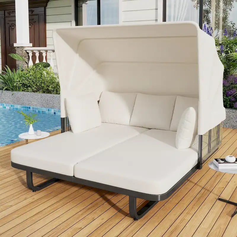 57 Outdoor Patio Daybed Rattan Daybed Outdoor Sunbed with Detachable Pillows for Patio, Backyard and Pool