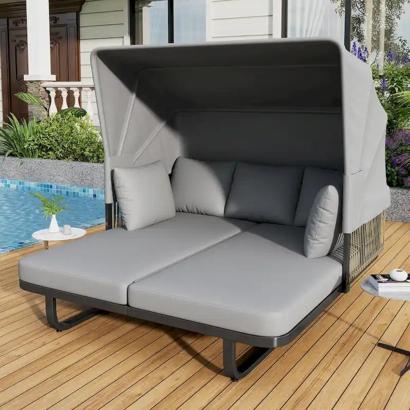 57 Outdoor Patio Daybed Rattan Daybed Outdoor Sunbed with Detachable Pillows for Patio, Backyard and Pool