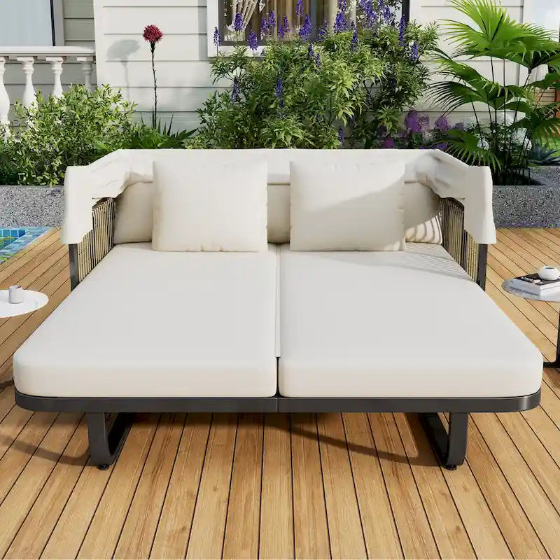 57 Outdoor Patio Daybed Rattan Daybed Outdoor Sunbed with Detachable Pillows for Patio, Backyard and Pool