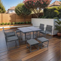 9 Pieces Outdoor Patio Dining Table Set with 4 Rattan Chairs and 4 Ottomans, Removable Cushions, Glass Table Top