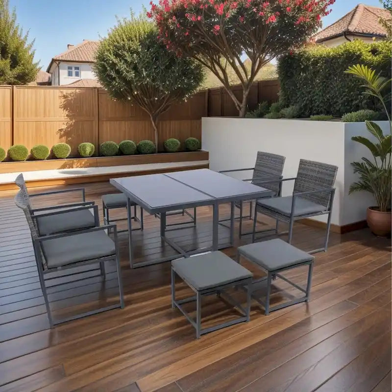 9 Pieces Outdoor Patio Dining Table Set with 4 Rattan Chairs and 4 Ottomans, Removable Cushions, Glass Table Top