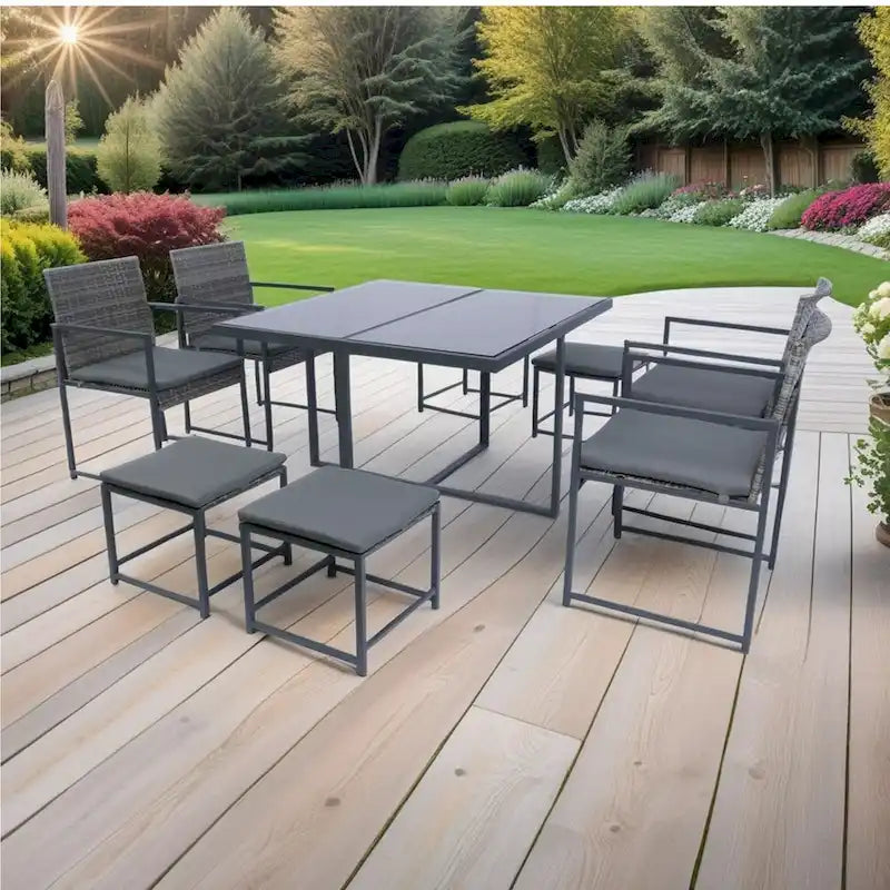 9 Pieces Outdoor Patio Dining Table Set with 4 Rattan Chairs and 4 Ottomans, Removable Cushions, Glass Table Top