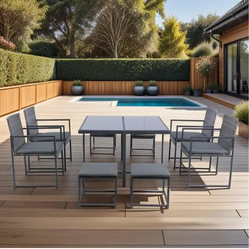 9 Pieces Outdoor Patio Dining Table Set with 4 Rattan Chairs and 4 Ottomans, Removable Cushions, Glass Table Top