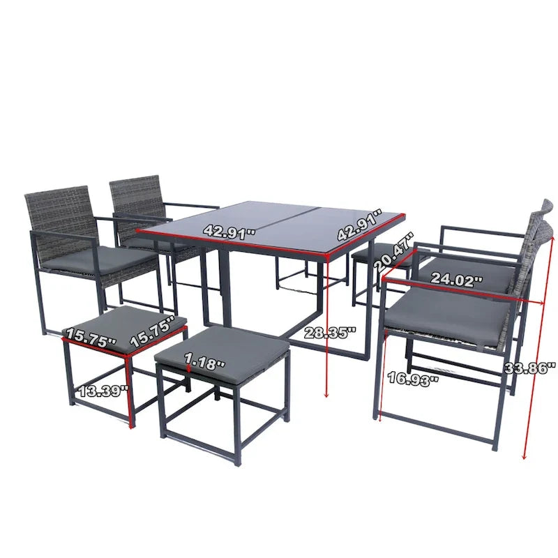 9 Pieces Outdoor Patio Dining Table Set with 4 Rattan Chairs and 4 Ottomans, Removable Cushions, Glass Table Top