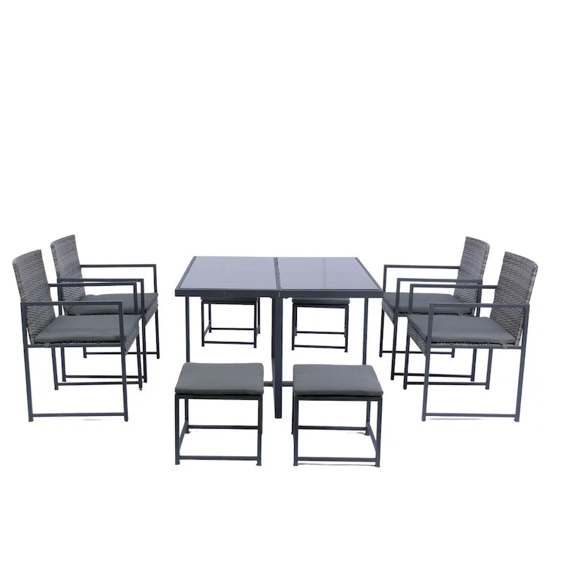 9 Pieces Outdoor Patio Dining Table Set with 4 Rattan Chairs and 4 Ottomans, Removable Cushions, Glass Table Top
