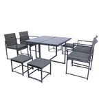 9 Pieces Outdoor Patio Dining Table Set with 4 Rattan Chairs and 4 Ottomans, Removable Cushions, Glass Table Top