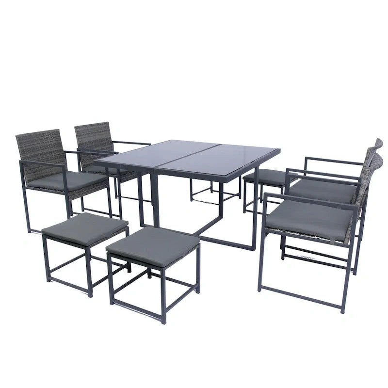 9 Pieces Outdoor Patio Dining Table Set with 4 Rattan Chairs and 4 Ottomans, Removable Cushions, Glass Table Top