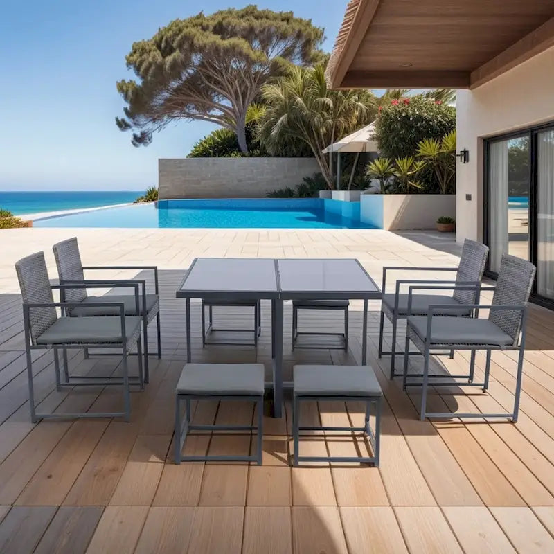 9 Pieces Outdoor Patio Dining Table Set with 4 Rattan Chairs and 4 Ottomans, Removable Cushions, Glass Table Top