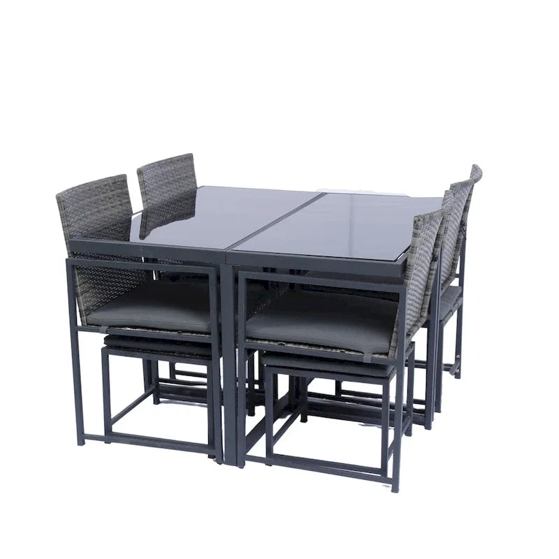 9 Pieces Outdoor Patio Dining Table Set with 4 Rattan Chairs and 4 Ottomans, Removable Cushions, Glass Table Top