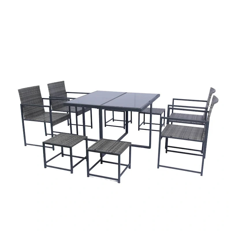 9 Pieces Outdoor Patio Dining Table Set with 4 Rattan Chairs and 4 Ottomans, Removable Cushions, Glass Table Top