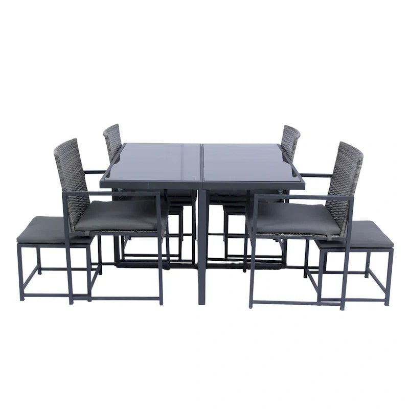 9 Pieces Outdoor Patio Dining Table Set with 4 Rattan Chairs and 4 Ottomans, Removable Cushions, Glass Table Top