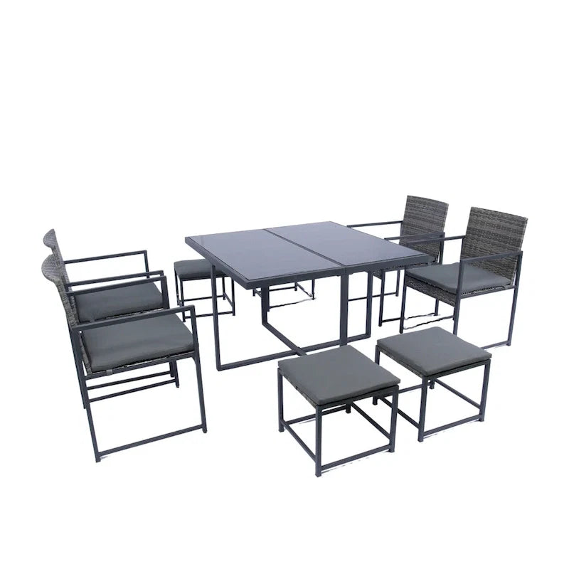 9 Pieces Outdoor Patio Dining Table Set with 4 Rattan Chairs and 4 Ottomans, Removable Cushions, Glass Table Top