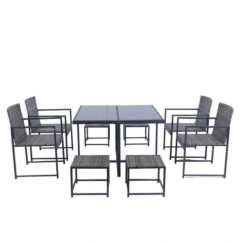 9 Pieces Outdoor Patio Dining Table Set with 4 Rattan Chairs and 4 Ottomans, Removable Cushions, Glass Table Top