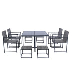 9 Pieces Outdoor Patio Dining Table Set with 4 Rattan Chairs and 4 Ottomans, Removable Cushions, Glass Table Top