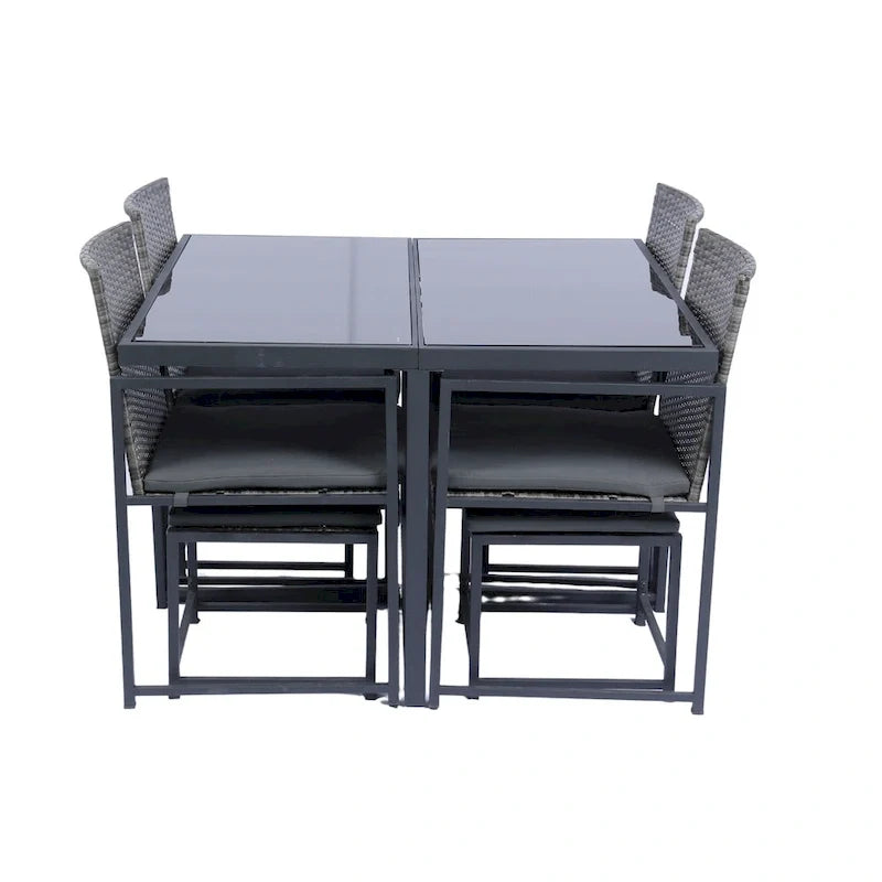 9 Pieces Outdoor Patio Dining Table Set with 4 Rattan Chairs and 4 Ottomans, Removable Cushions, Glass Table Top
