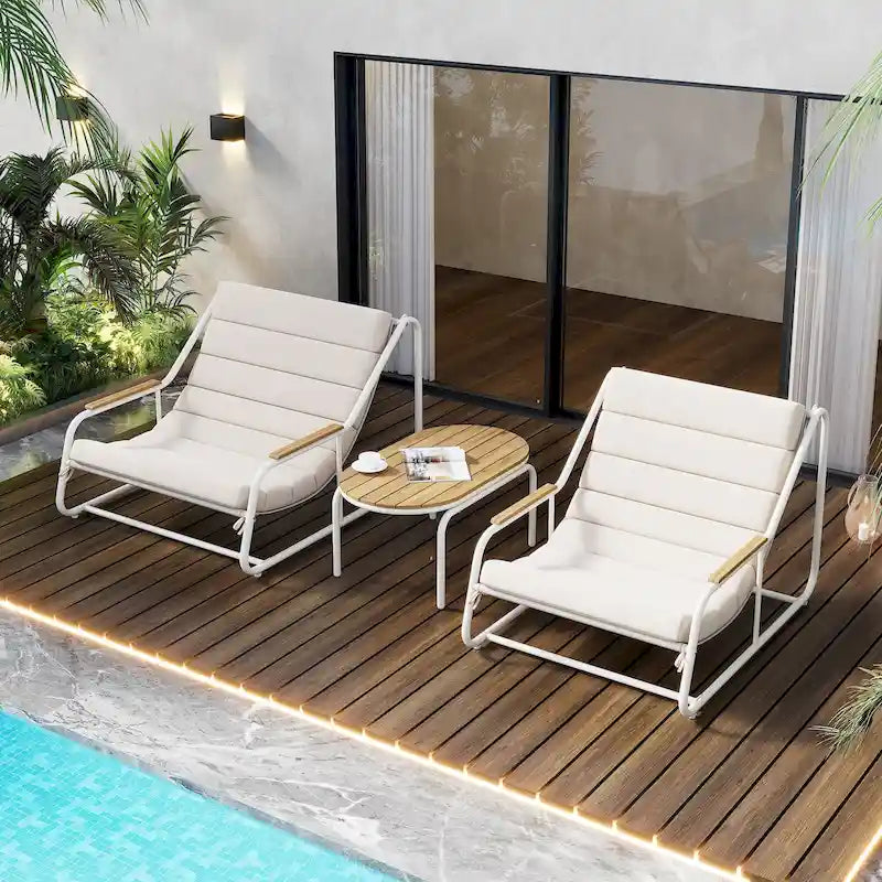 Set of 3 Patio Chaise Lounge Chair with Acacia Side Table