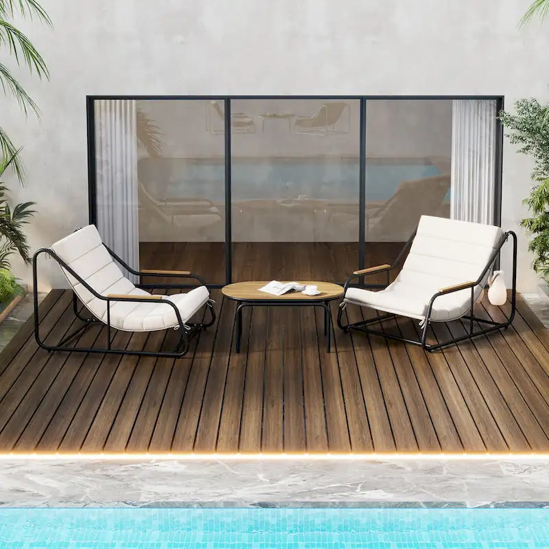 Set of 3 Patio Chaise Lounge Chair with Acacia Side Table