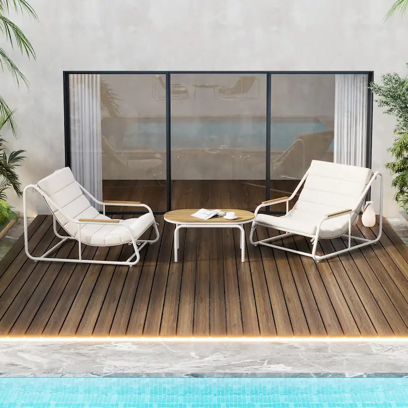 Set of 3 Patio Chaise Lounge Chair with Acacia Side Table