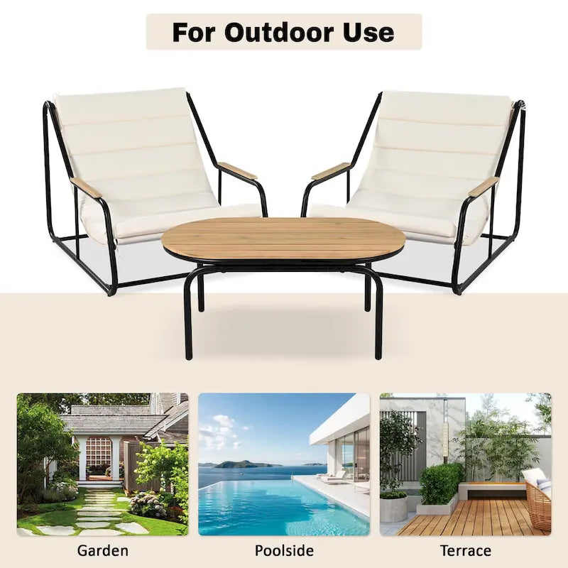 Set of 3 Patio Chaise Lounge Chair with Acacia Side Table