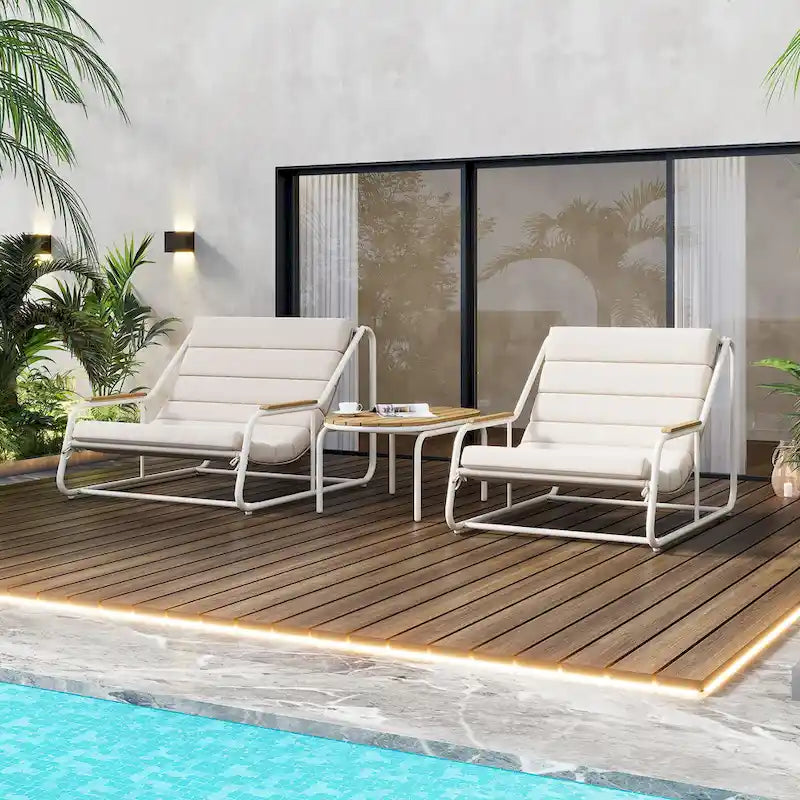 Set of 3 Patio Chaise Lounge Chair with Acacia Side Table