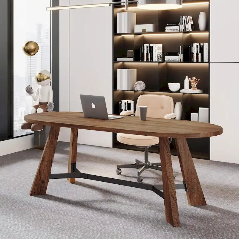 WESOME 70.86 Rustic Wood Oval Dining Table with Tapered Legs - 70.86D x 31.5W x 29.53H
