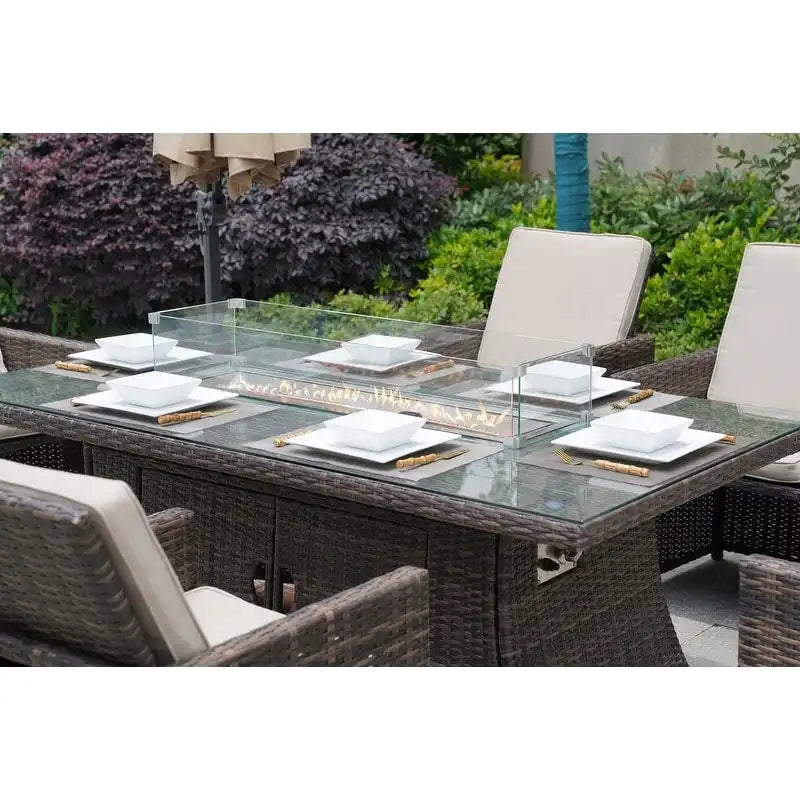 7-Piece Patio Wicker Rectangle Firepit Table with Chairs
