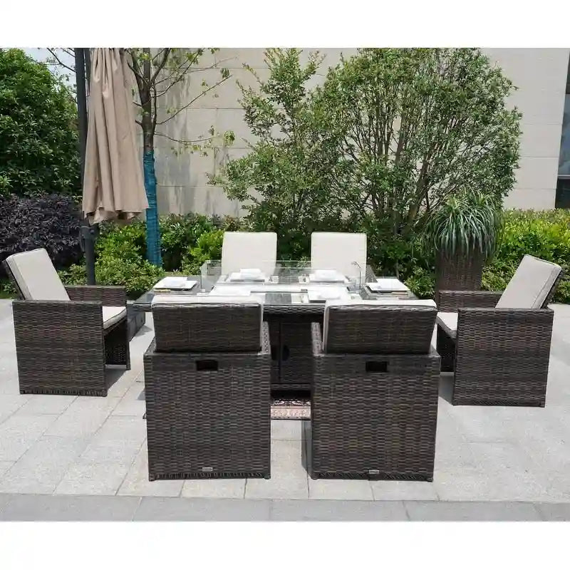 7-Piece Patio Wicker Rectangle Firepit Table with Chairs
