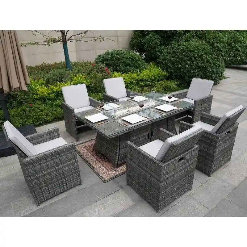 7-Piece Patio Wicker Rectangle Firepit Table with Chairs