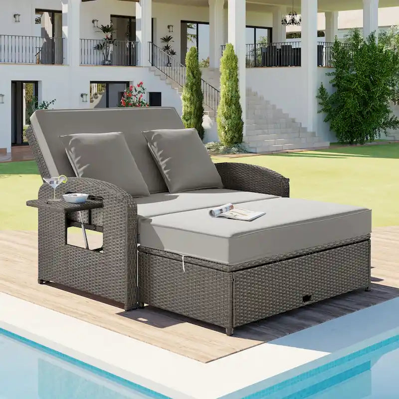 Outdoor Wicker Double Chaise Lounge with Grey Cushion