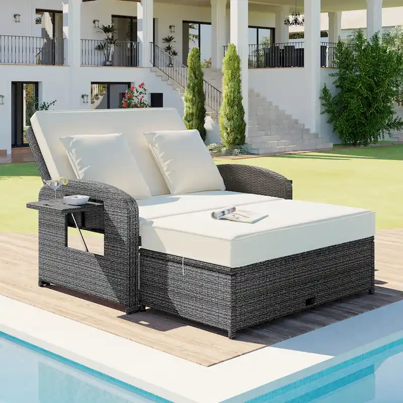 Outdoor Wicker Double Chaise Lounge with Grey Cushion