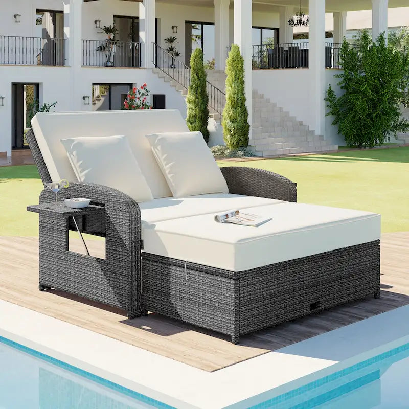Outdoor Wicker Double Chaise Lounge with Grey Cushion