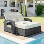 Outdoor Wicker Double Chaise Lounge with Grey Cushion