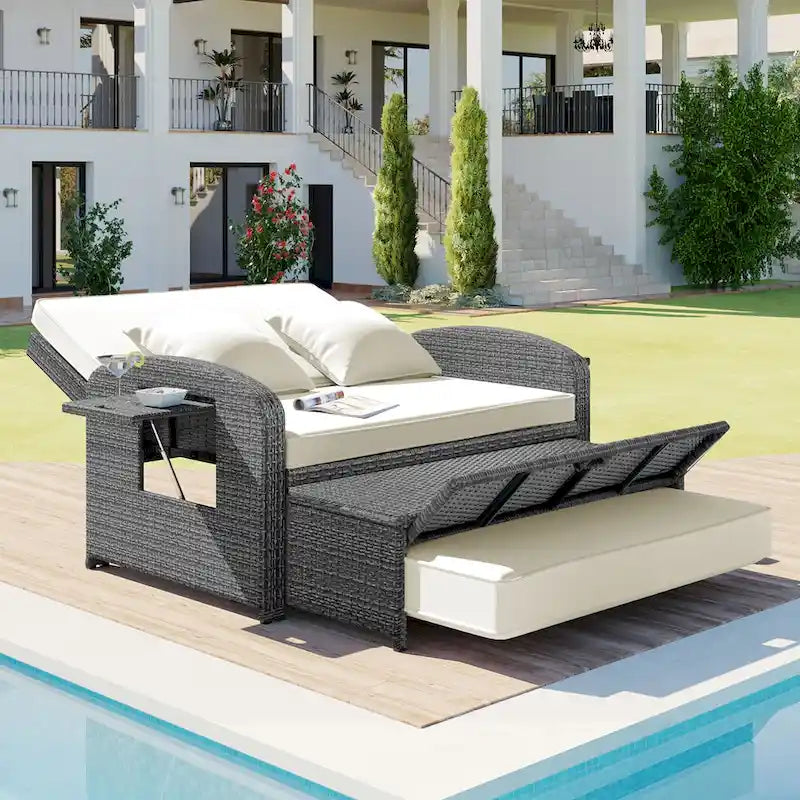 Outdoor Wicker Double Chaise Lounge with Grey Cushion