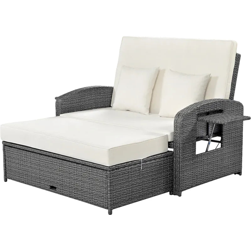 Outdoor Wicker Double Chaise Lounge with Grey Cushion
