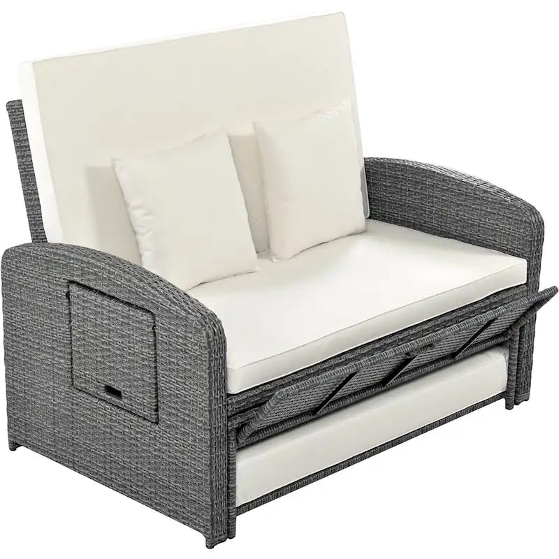 Outdoor Wicker Double Chaise Lounge with Grey Cushion