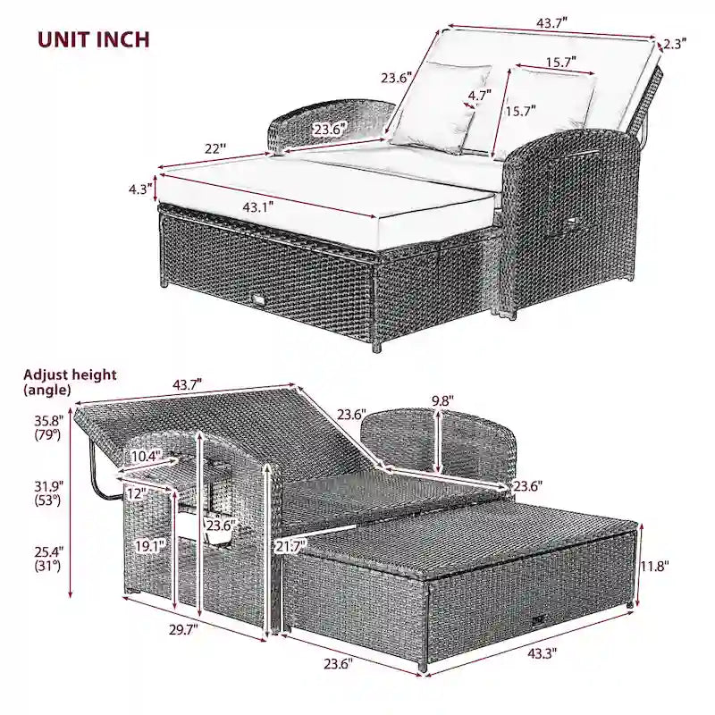 Outdoor Wicker Double Chaise Lounge with Grey Cushion