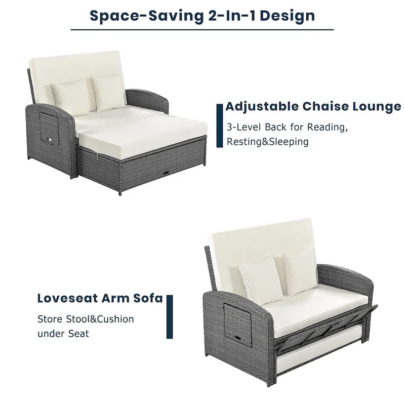 Outdoor Wicker Double Chaise Lounge with Grey Cushion