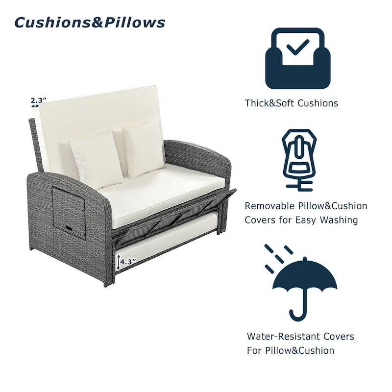 Outdoor Wicker Double Chaise Lounge with Grey Cushion