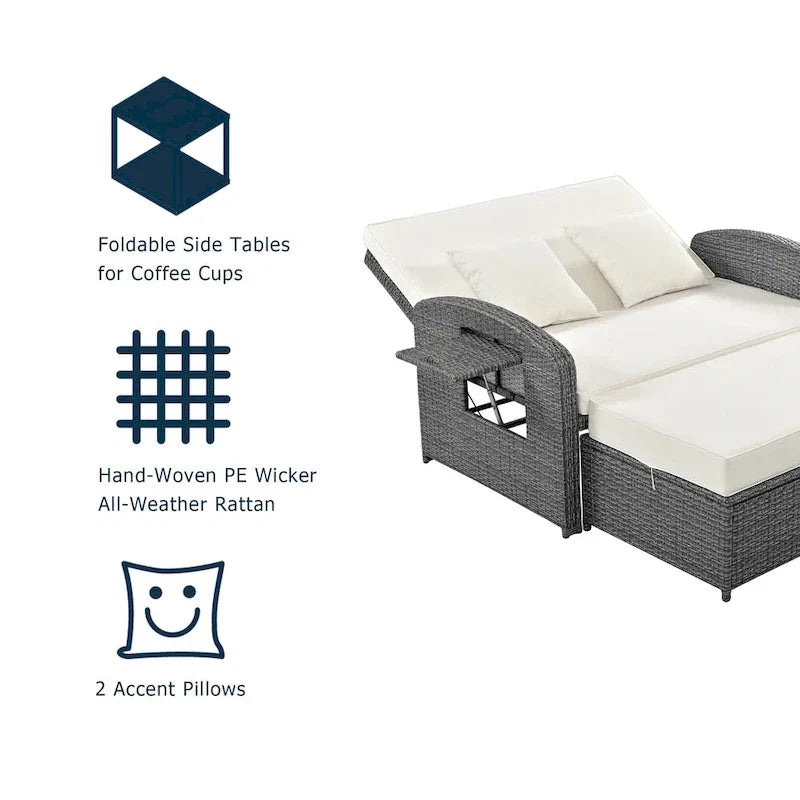 Outdoor Wicker Double Chaise Lounge with Grey Cushion