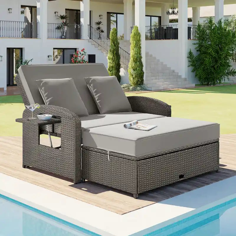 Outdoor Wicker Double Chaise Lounge with Grey Cushion