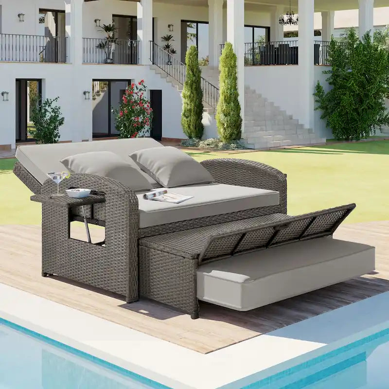 Outdoor Wicker Double Chaise Lounge with Grey Cushion
