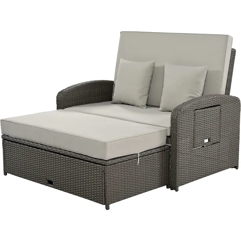 Outdoor Wicker Double Chaise Lounge with Grey Cushion