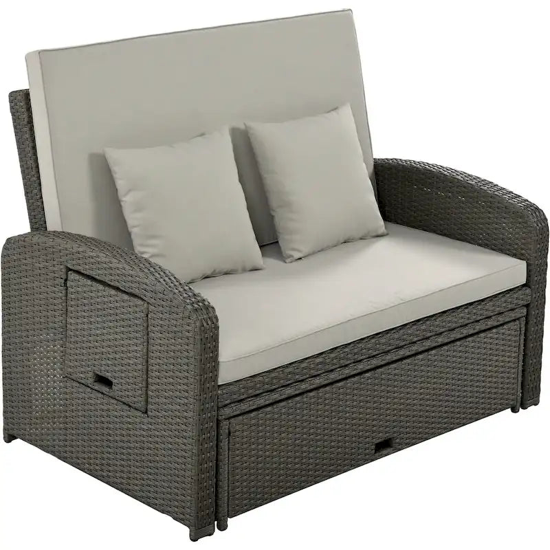 Outdoor Wicker Double Chaise Lounge with Grey Cushion