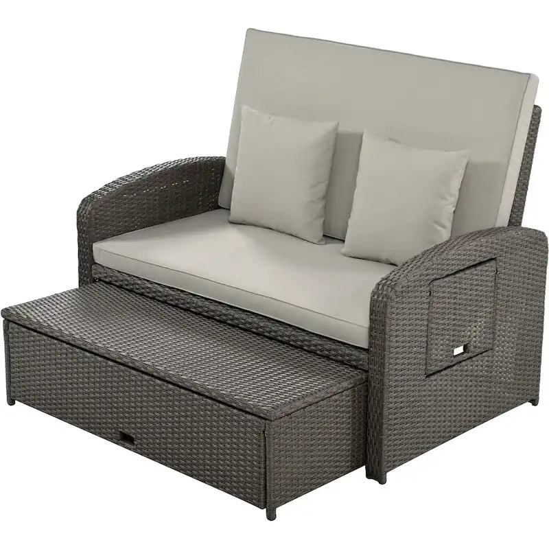 Outdoor Wicker Double Chaise Lounge with Grey Cushion