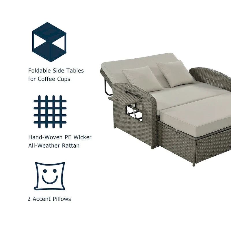 Outdoor Wicker Double Chaise Lounge with Grey Cushion
