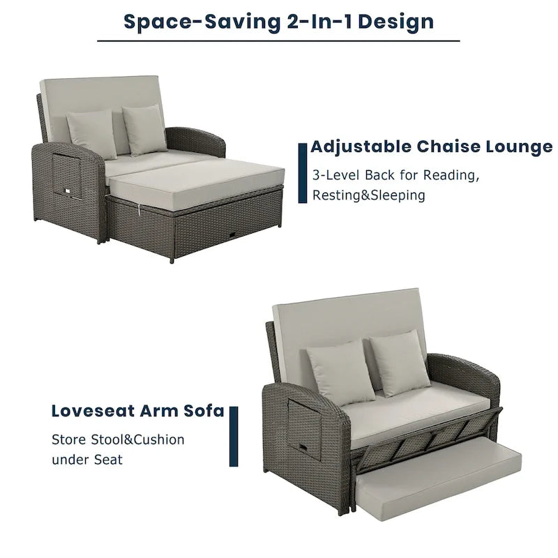 Outdoor Wicker Double Chaise Lounge with Grey Cushion