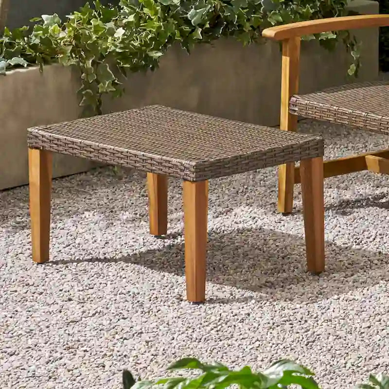 Hampton Outdoor Transitional Wicker and Acacia Wood Ottoman by Christopher Knight Home