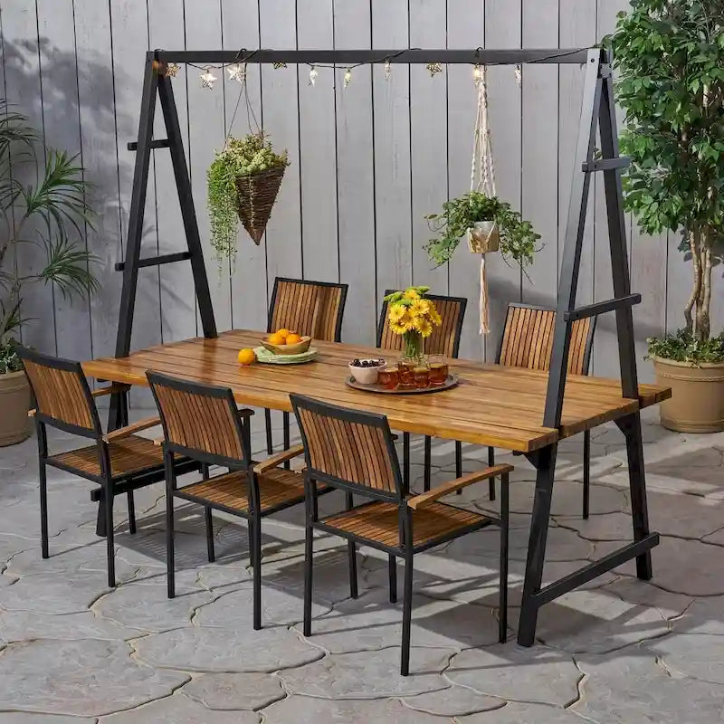 Andrea Outdoor 6 Seater Acacia Wood and Planter Dining Set by Christopher Knight Home - N/A