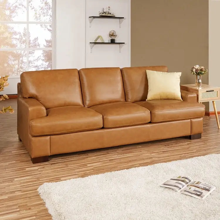 Genuine Leather Sofa with Luxurious Comfort, Goose Feather Cushion Filling, Square Arm Design, Sturdy Block Legs